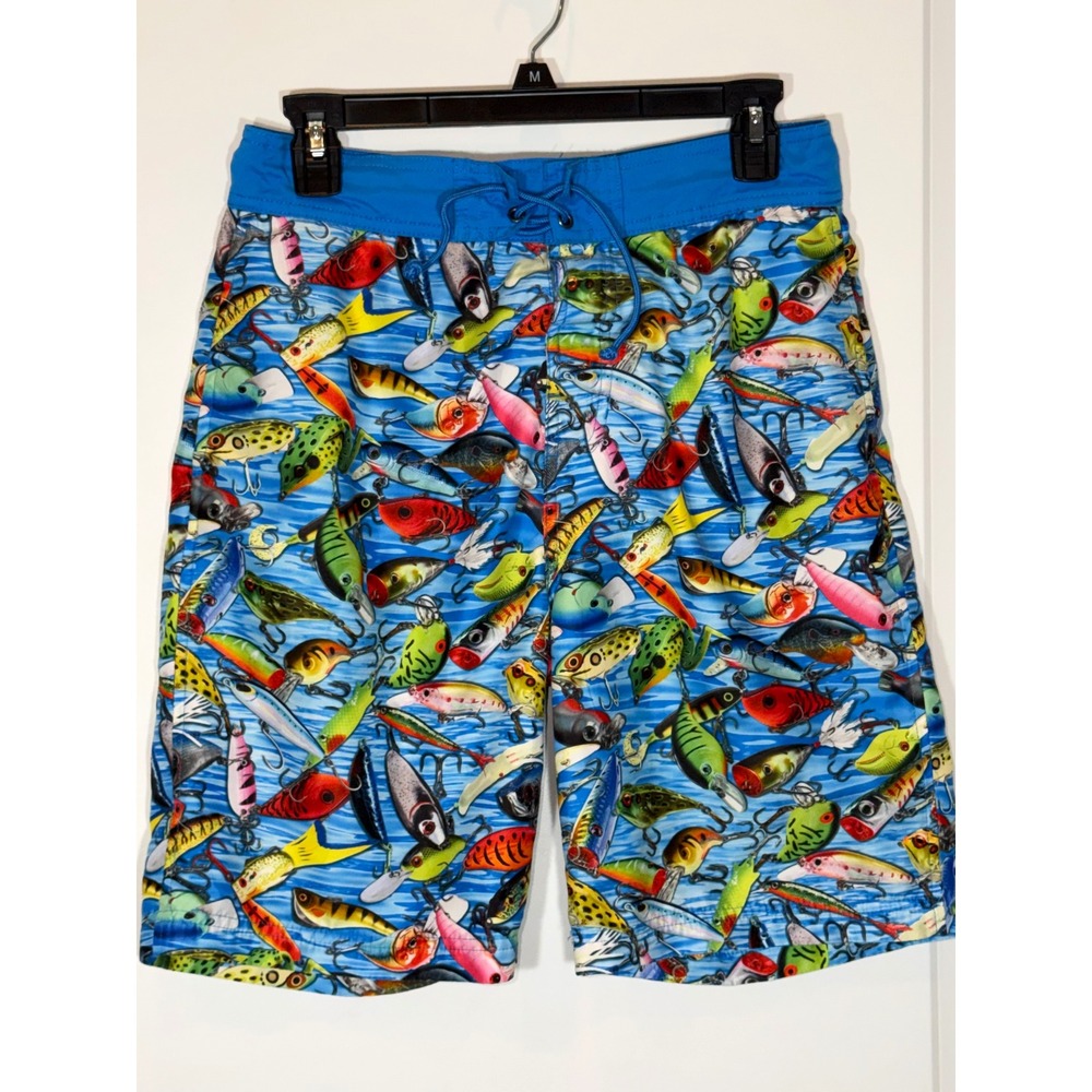 Bass Pro Shops Mens Fishing Lure Print Swim Trunks Blue Board Shorts Size S